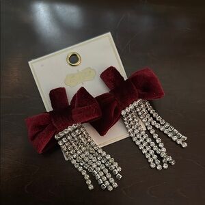 MudPie Elegant Burgundy Bow Earrings with Silver Rhinestones New
